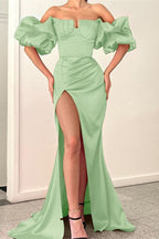 Fuchsia Strapless Off-the-Shoulder Puff Sleeve Mermaid Evening Dress with Split BM bride