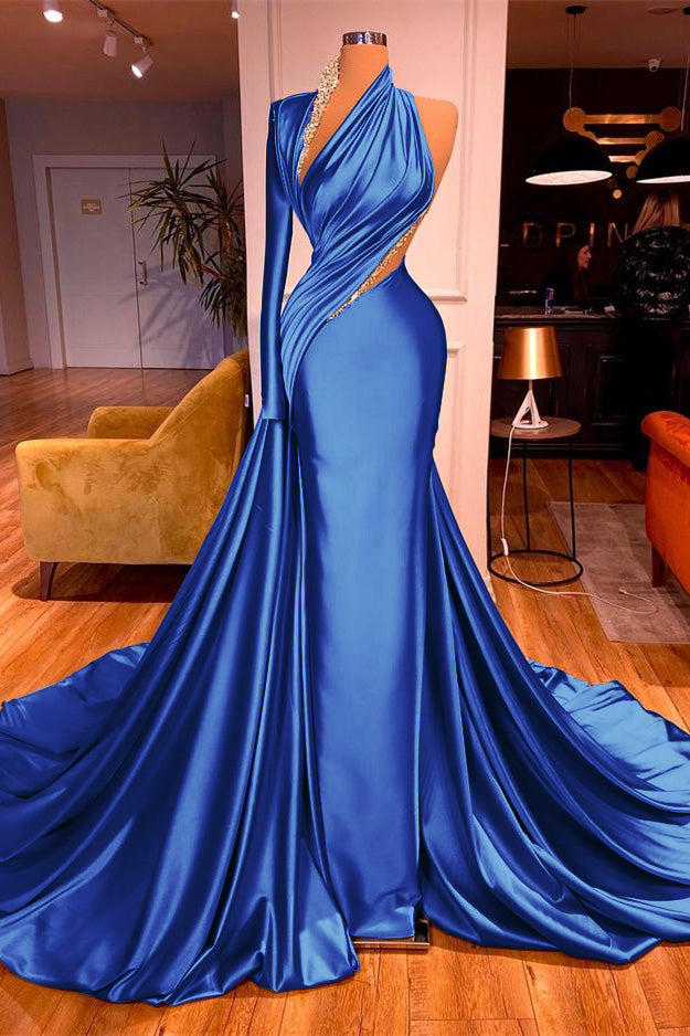 One Shoulder Long Beading Prom Dress Mermaid With Long Sleeve BMBRIDE