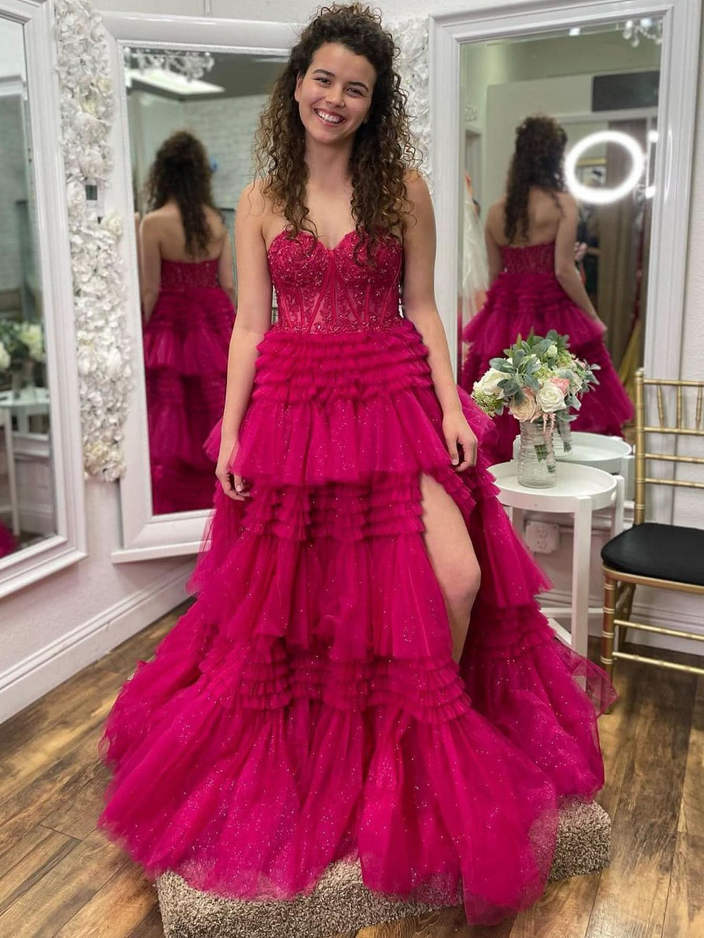 Adorable A-Line Sweetheart Tiered Long Tulle Prom Dress BM bride