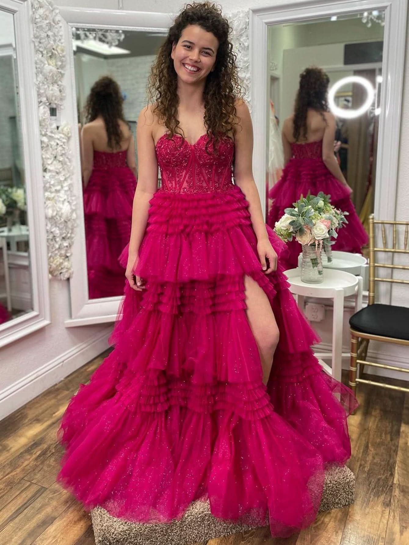 Adorable A-Line Sweetheart Tiered Long Tulle Prom Dress BM bride