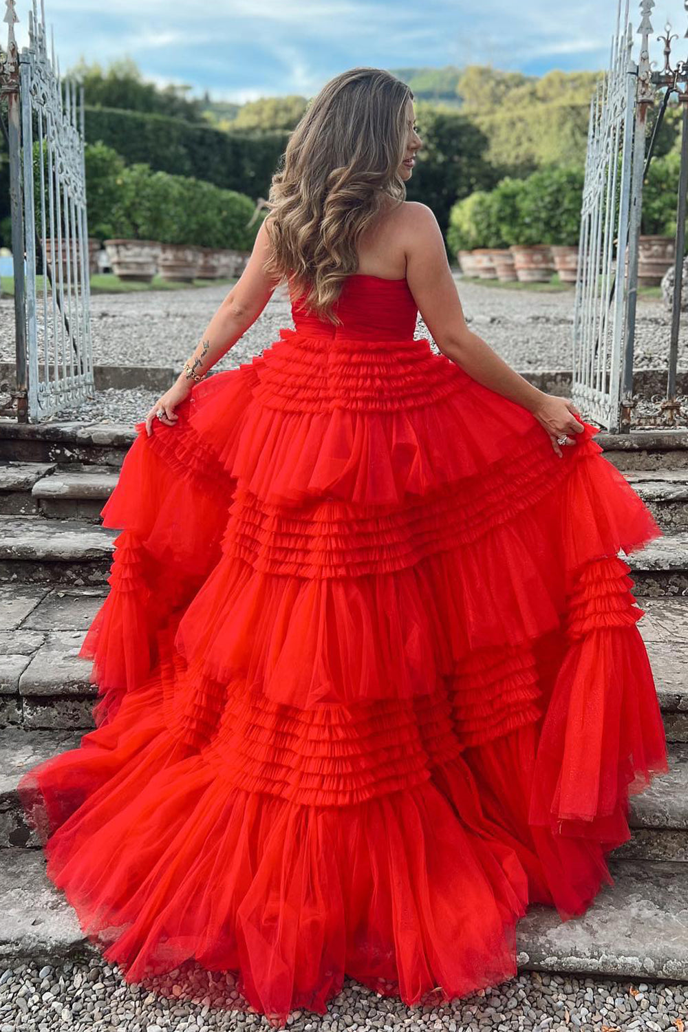 Elegant A-Line Strapless Tulle Long Prom Dress with Tiered Ruffles BM bride