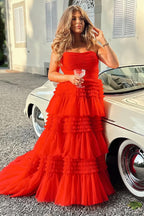 Elegant A-Line Strapless Tulle Long Prom Dress with Tiered Ruffles BM bride