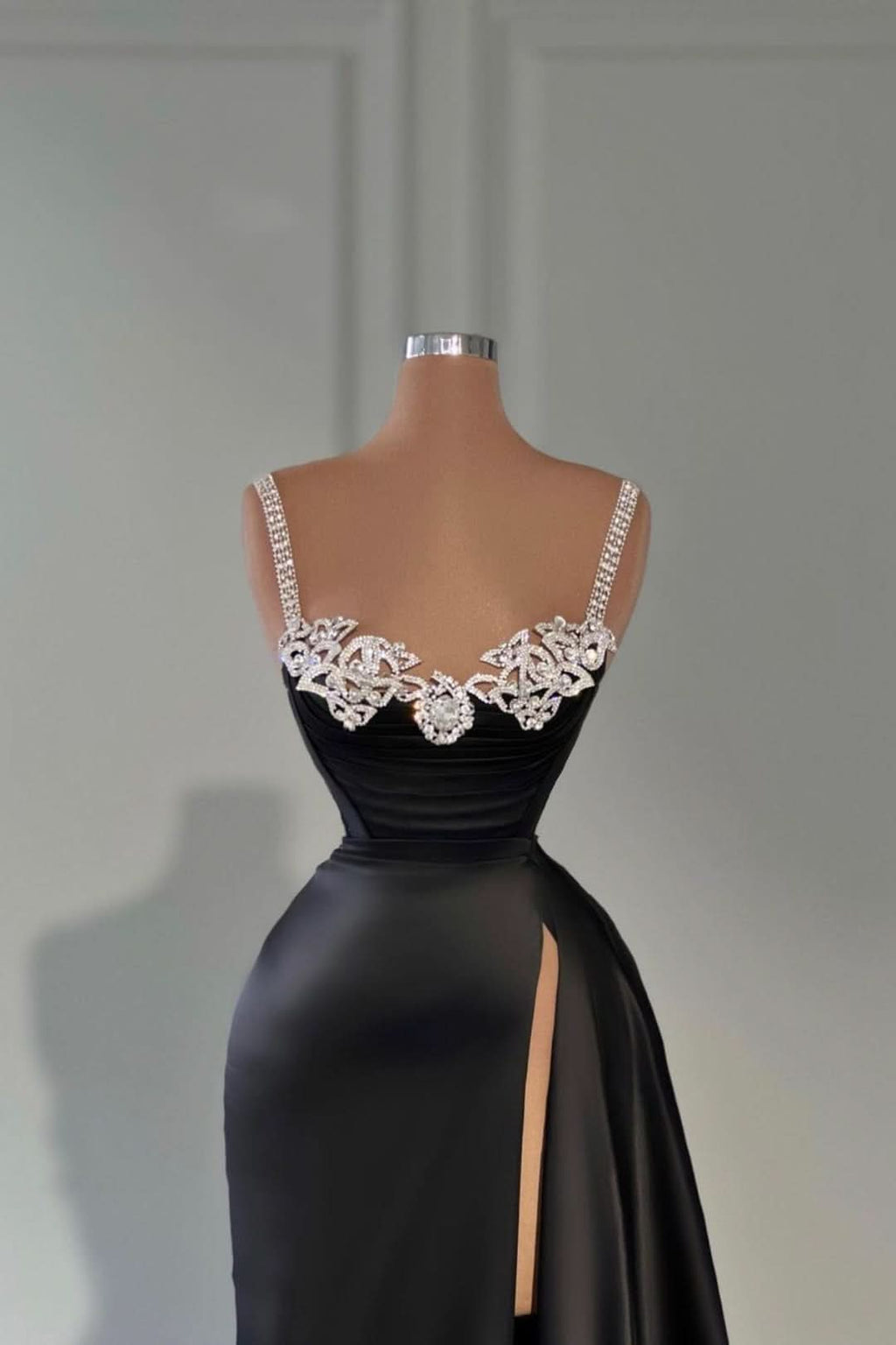 Black Satin Spaghetti Strap Evening Dress with Split and Beadings BM bride