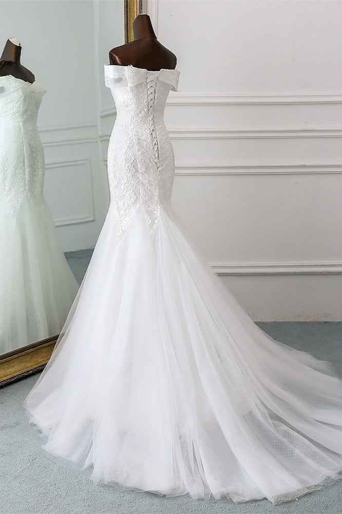 Off-the-Shoulder Long Mermaid Wedding Dress with Tulle Lace BM bride
