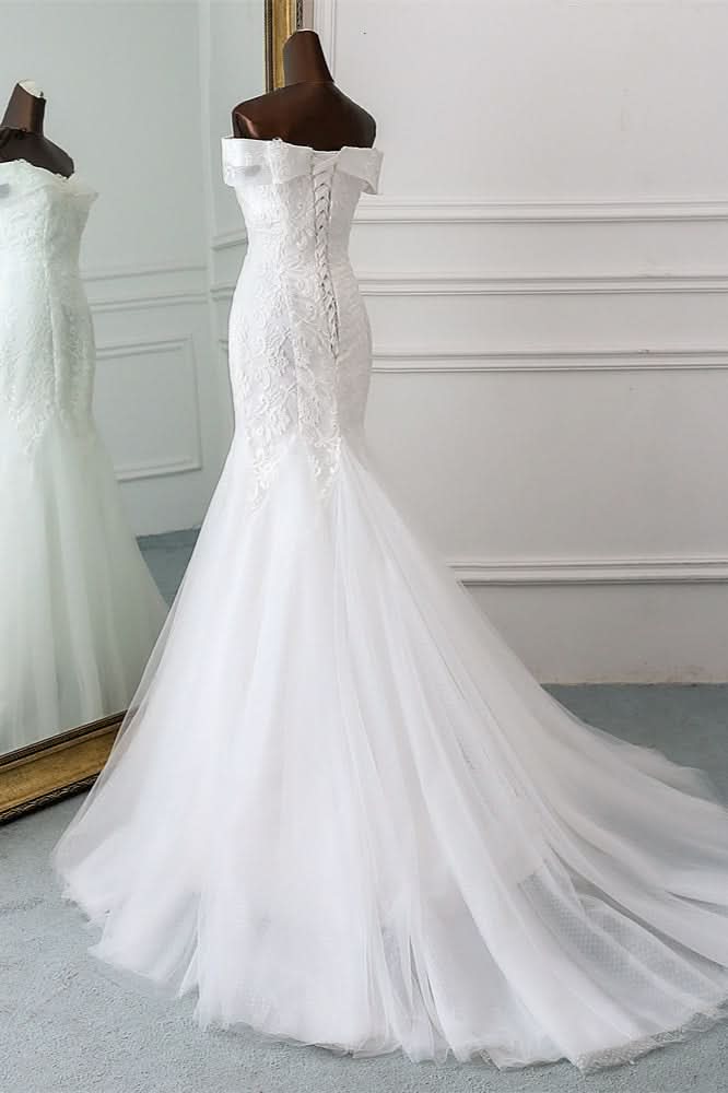 Off-the-Shoulder Long Mermaid Wedding Dress with Tulle and Lace BM bride