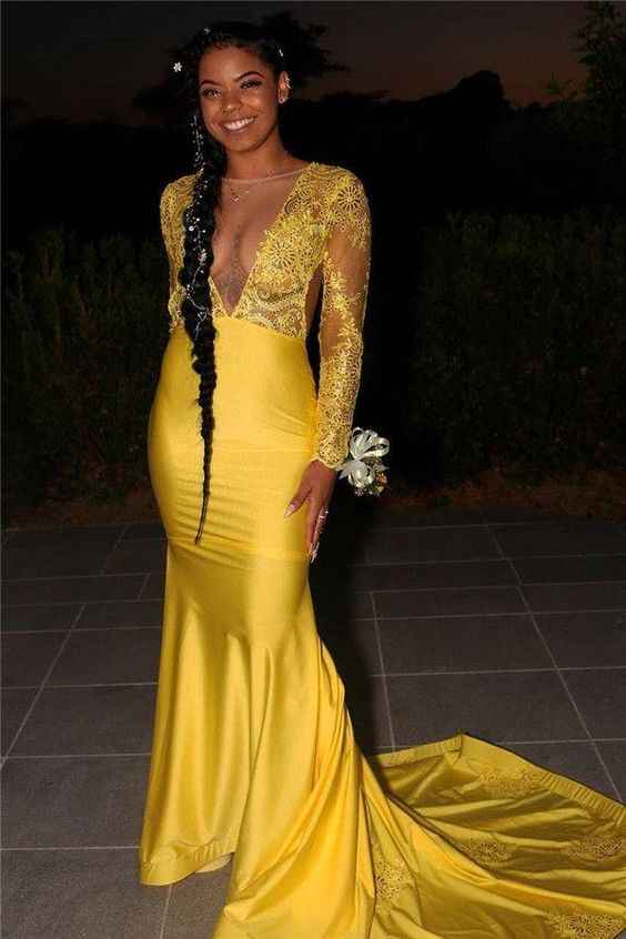 Elegant V Neck Long Sleeves Applique Mermaid Long Prom Dress