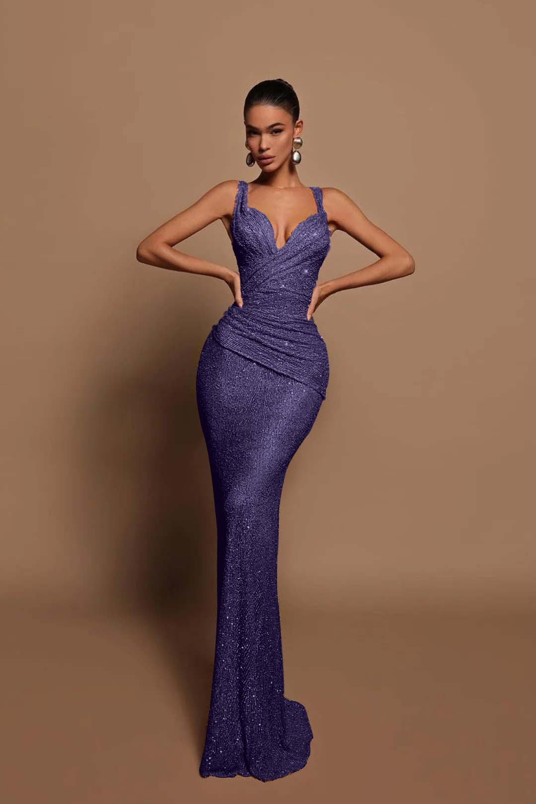 Sexy Pink Long Sequins Prom Dress V Neck Mermaid Sleeveless BMBRIDE