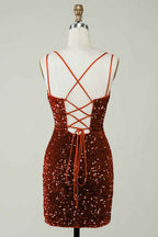 Red Criss-Cross Straps Sequins Tight Short Hoco Dress