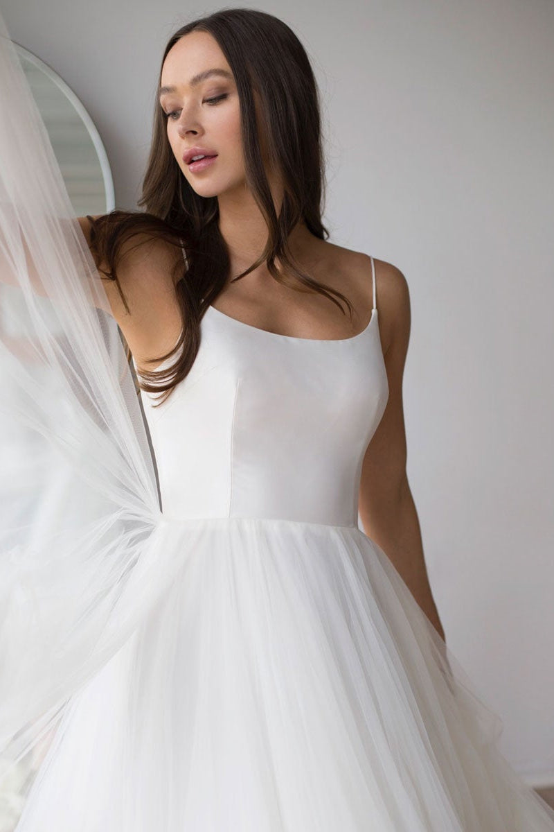 Spaghetti Strap Long Tulle Wedding Dress BM bride