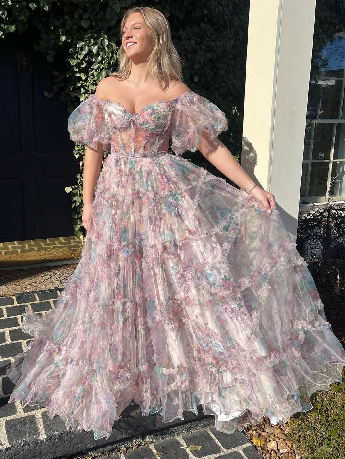 Sweet A-Line Sweetheart Printed Tulle Long Prom Dress BM bride