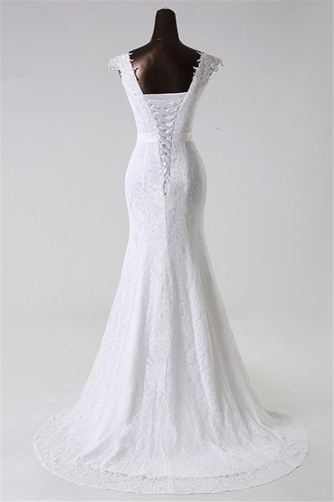 Jewel Neck Long Mermaid Lace Wedding Dress with Appliques BM bride