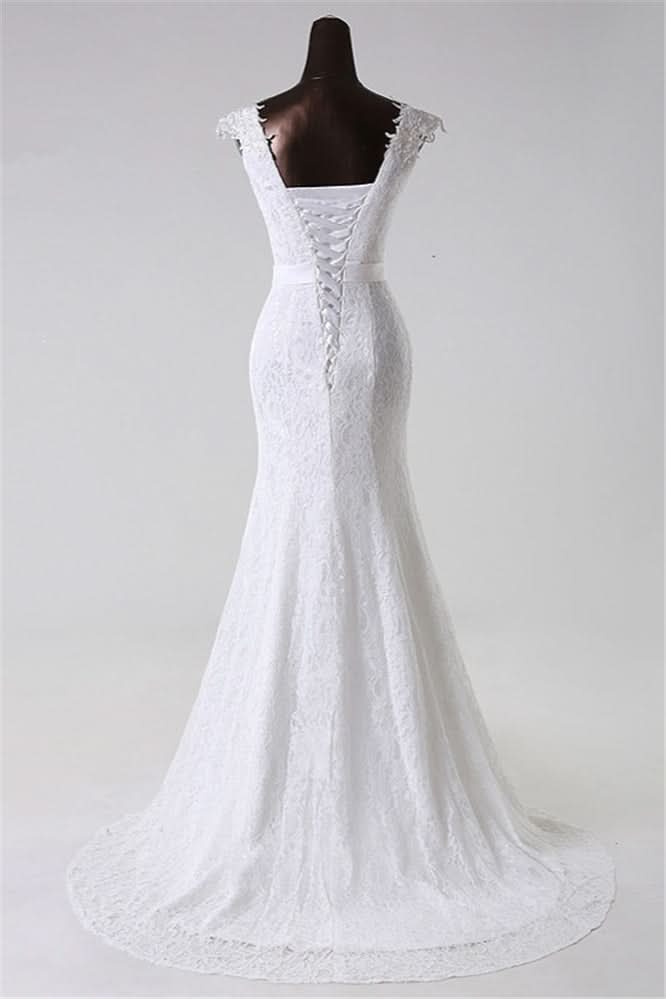 Jewel Neck Long Mermaid Lace Wedding Dress with Appliques BM bride