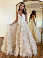 Charming A-Line Spaghetti Straps Tiered Tulle Prom Dress BM bride