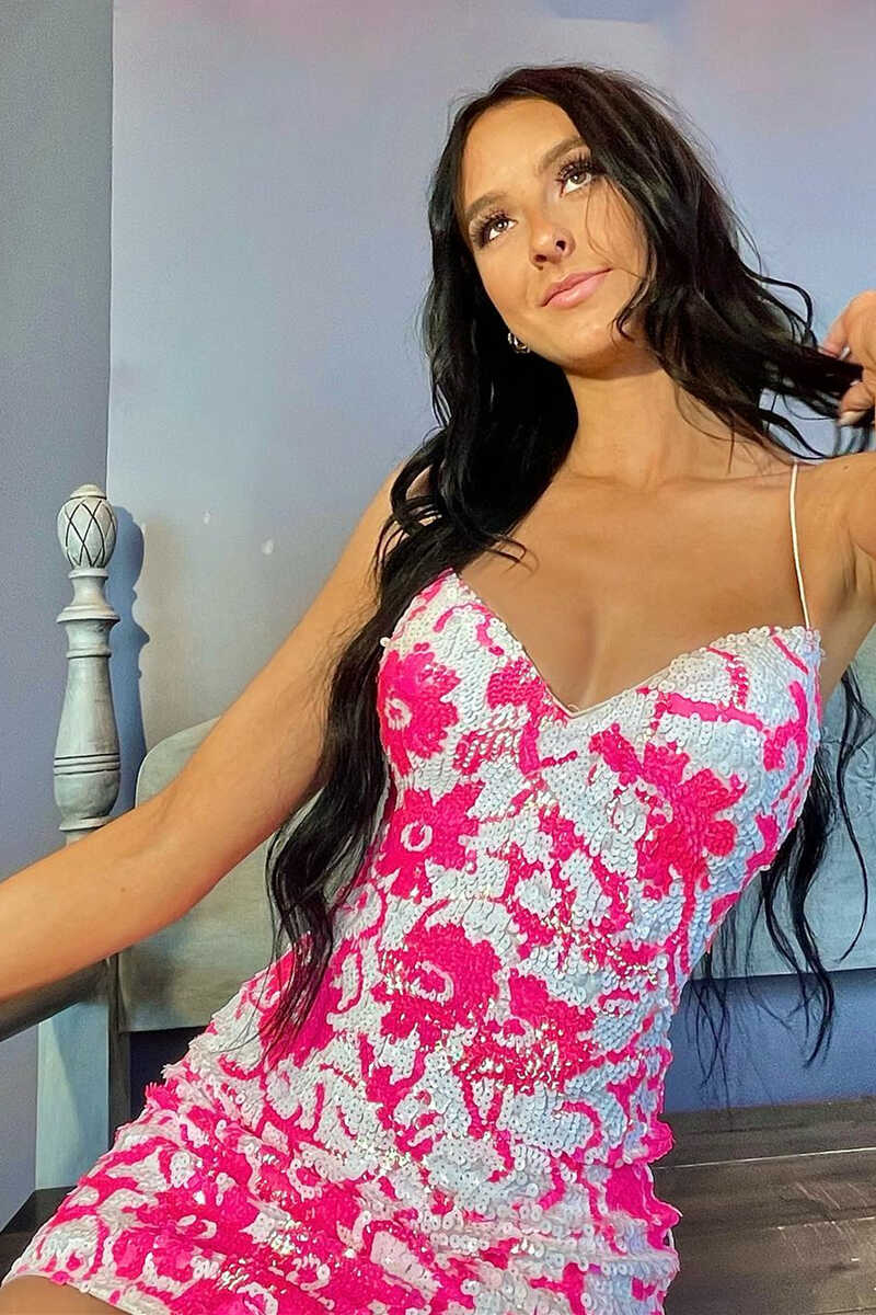 Flirty Pink V Neck Sequins Bodycon Short Mini Cocktail Dress BM bride