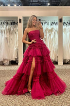 Elegant A-Line Strapless Tulle Long Prom Dress with Tiered Ruffles BM bride