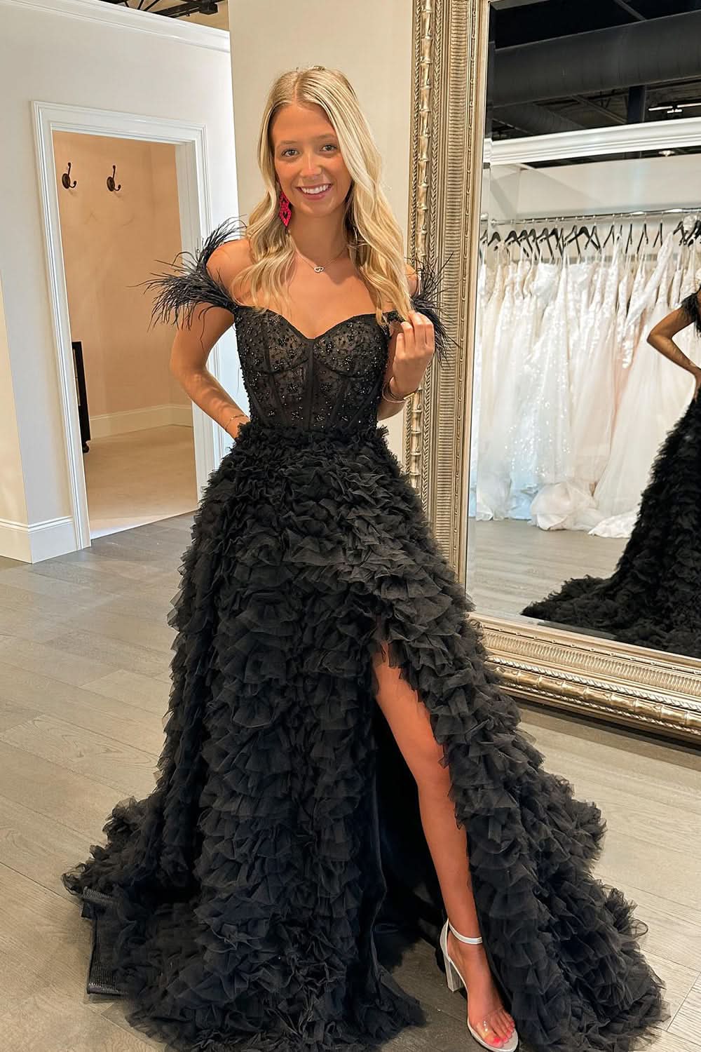 Sweet A-Line Sweetheart Tiered Tulle Long Prom Dress with Slit BM bride
