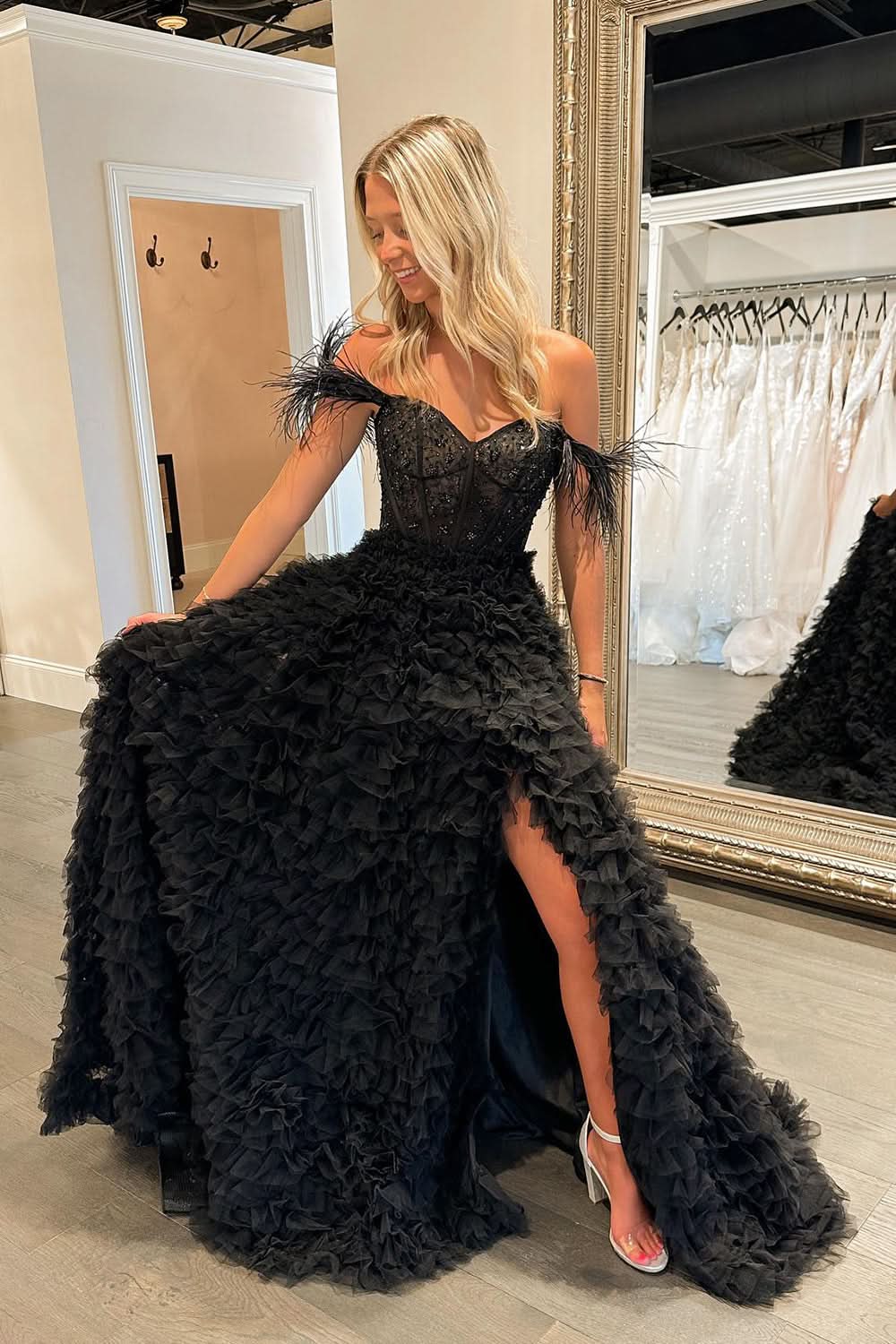 Sweet A-Line Sweetheart Tiered Tulle Long Prom Dress with Slit BM bride