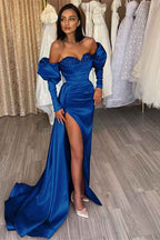 Red Off The Shoulder Mermaid Split Prom Dress Sweetheart With Diamond Appliques