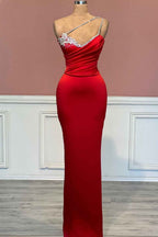 Red Prom Dress With One Shoulder Beading Sleeveless Long Satin