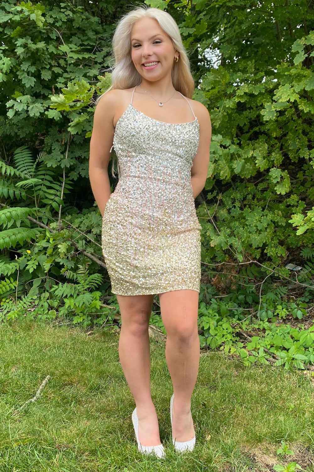 Sparkly Light Pink Spaghetti Straps Backless Sequins Tight Short Homecoming Dress Bmbride