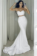 Glamorous White Two Pieces Strapless Sleeveless Long Mermaid Prom Dress