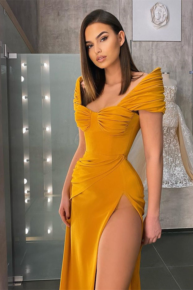 Off the Shoulder Sweetheart Long High Split Mermaid Prom Dress With Pleated BMBRIDE