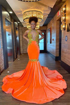 Stunning Orange Halter Sleeveless Mermaid Prom Dress Appliques With Beadings