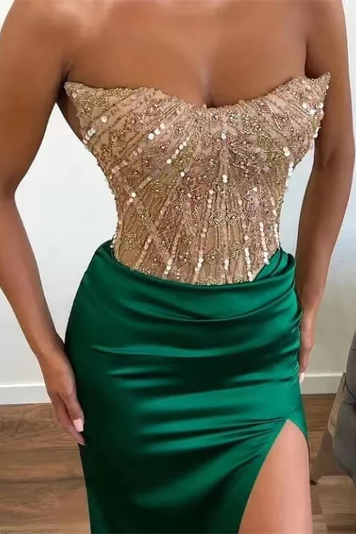 Strapless Green Mermaid Prom Dress with Beadings and Split Applique BM bride
