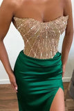 Strapless Green Mermaid Prom Dress with Beadings and Split Applique BM bride