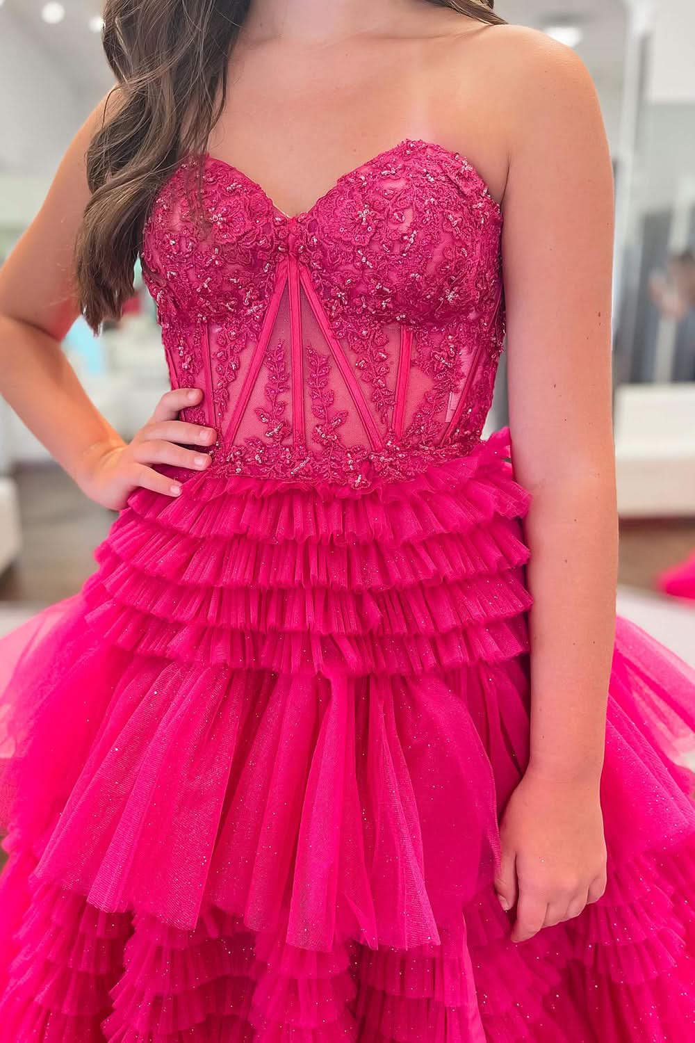 Adorable A-Line Sweetheart Tiered Long Tulle Prom Dress BM bride