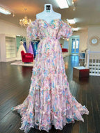 Sweet A-Line Sweetheart Printed Tulle Long Prom Dress BM bride