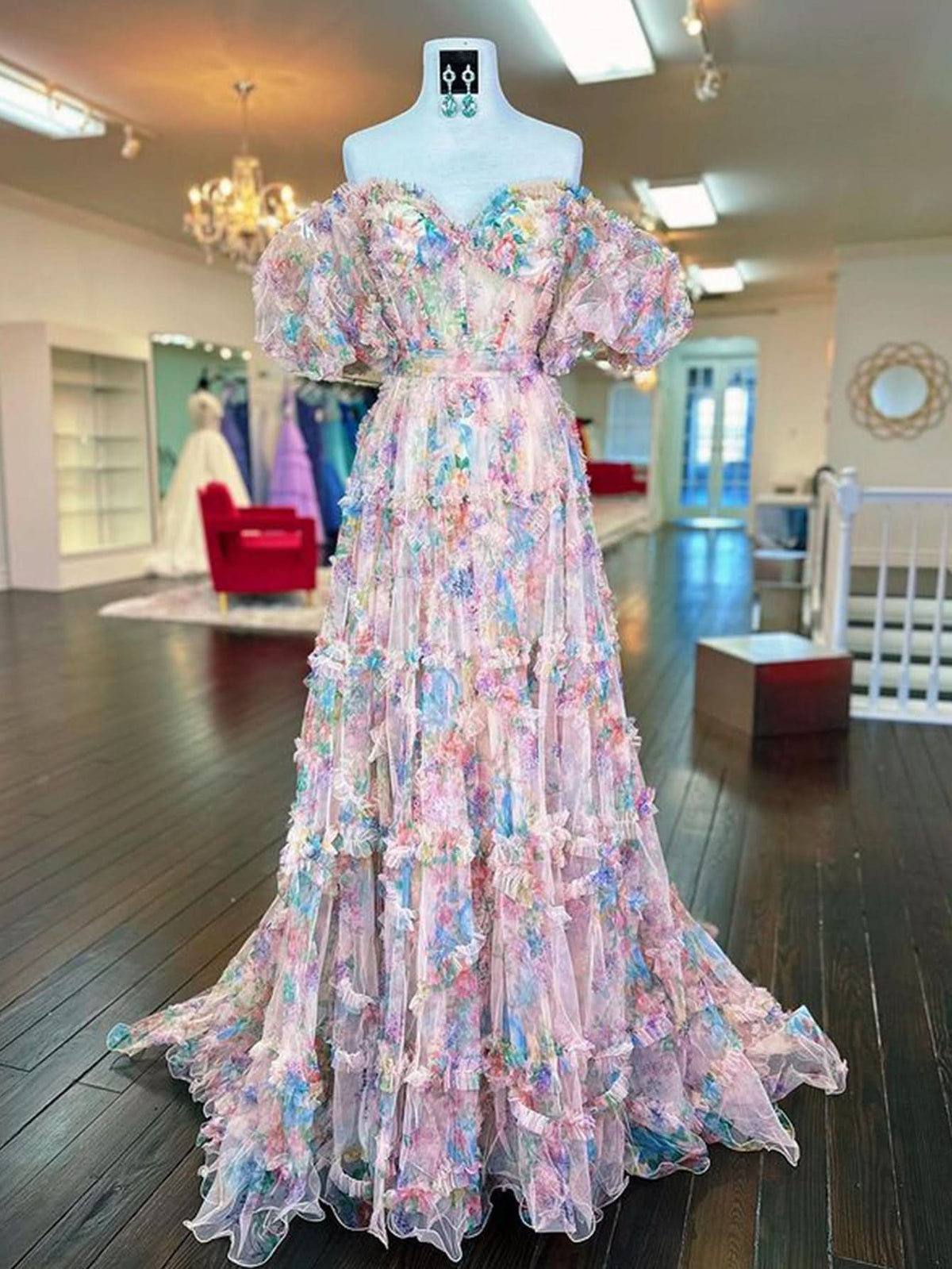 Sweet A-Line Sweetheart Printed Tulle Long Prom Dress BM bride