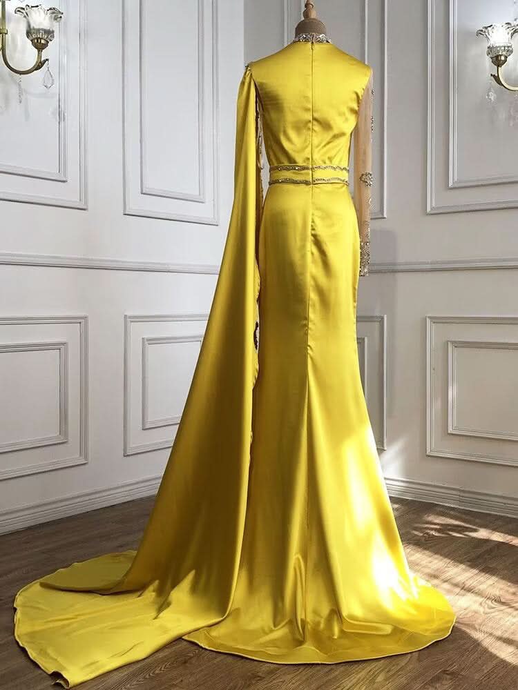 Shining Yellow Beaded Embroidery Floor-Length Mermaid Prom Dress with Shawl BM bride
