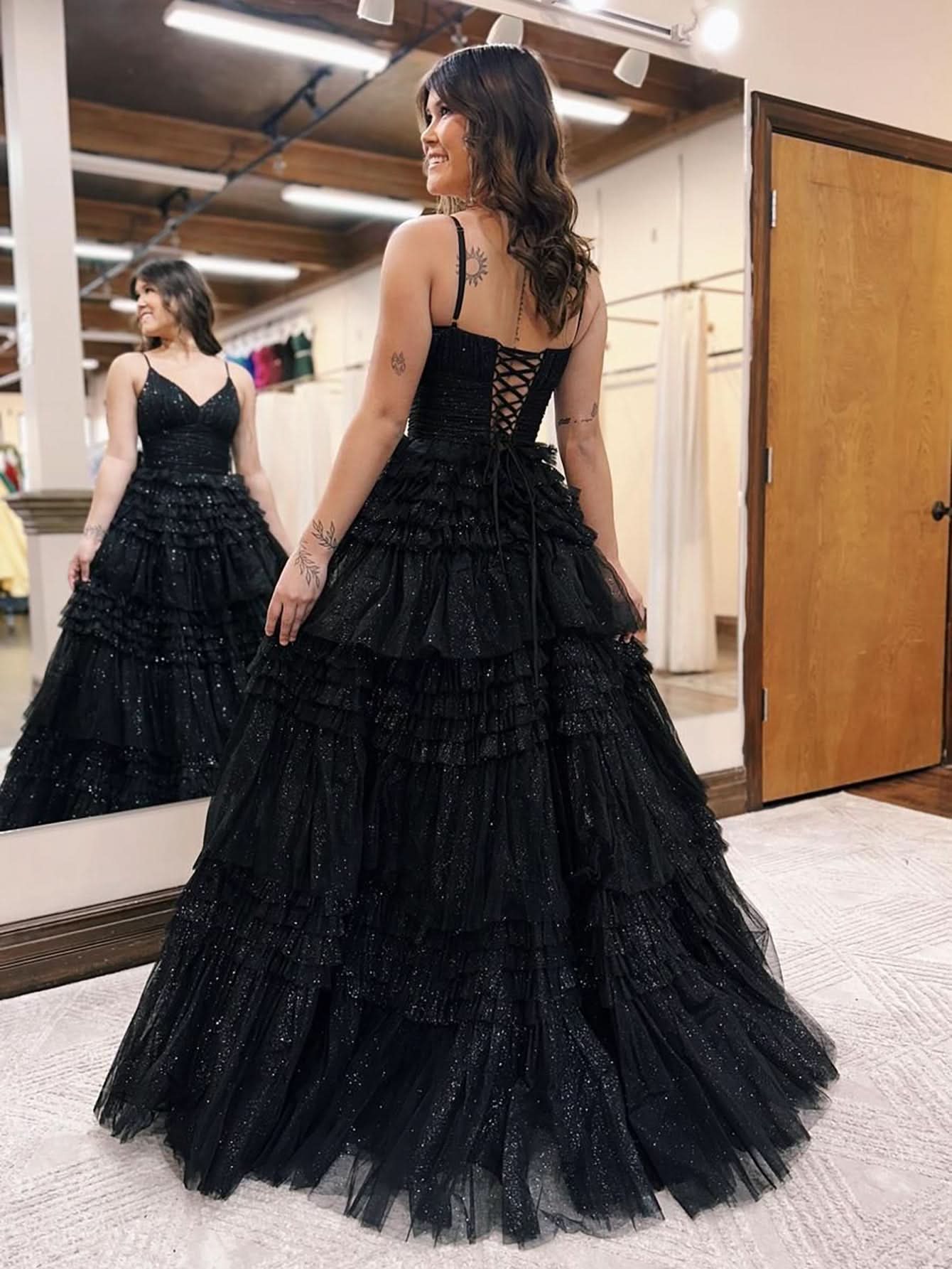 Elegant A-Line Deep V Neck Tiered Long Glitter Tulle Prom Dress BM bride