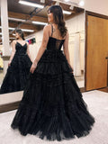 Elegant A-Line Deep V Neck Tiered Long Glitter Tulle Prom Dress BM bride