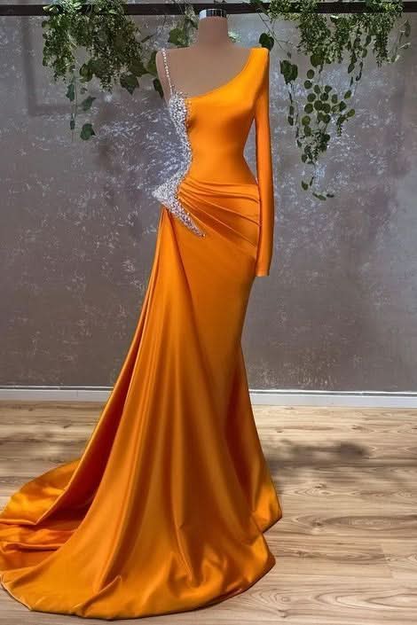 Burnt Orange Long Sleeves Mermaid Prom Dress with Beads BM bride