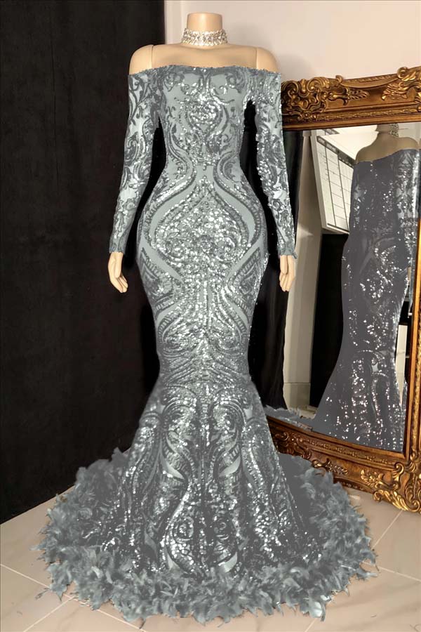 Long Sleeves Strapless Mermaid Prom Dress Sequins Burgundy With Feather BMBRIDE