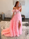 Sweet A-Line Sweetheart Tiered Tulle Long Prom Dress with Slit BM bride