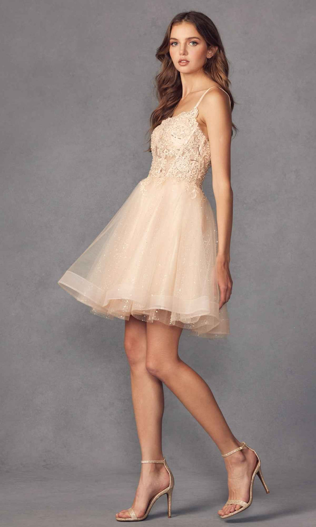 Attractive Champagne Spaghetti Strap Applique Knee Length Prom Dress