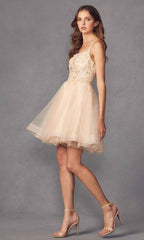 Attractive Champagne Spaghetti Strap Applique Knee Length Prom Dress