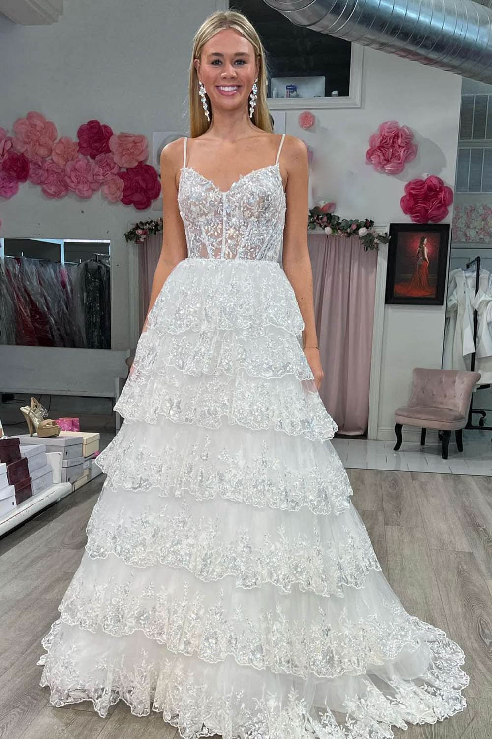 Lovely A-Line Spaghetti Straps Tiered Lace Prom Dress BM bride