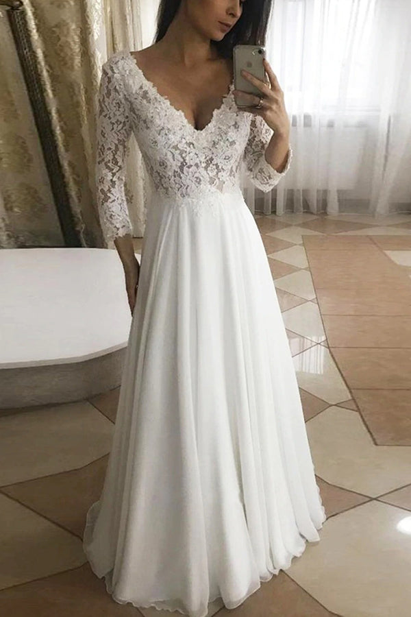 Floeal Lace Long Sleeve V-neck A-line Wedding Dress with Romantic Grace BM bride