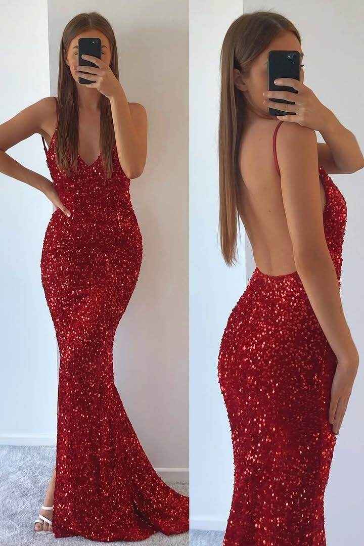 Spaghetti Strap Sleeveless Long Mermaid Prom Dress With Sequins