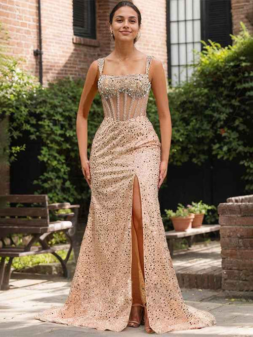 Sparkly Gold Mermaid Long Prom Dress With Beading Slit BMBRIDE