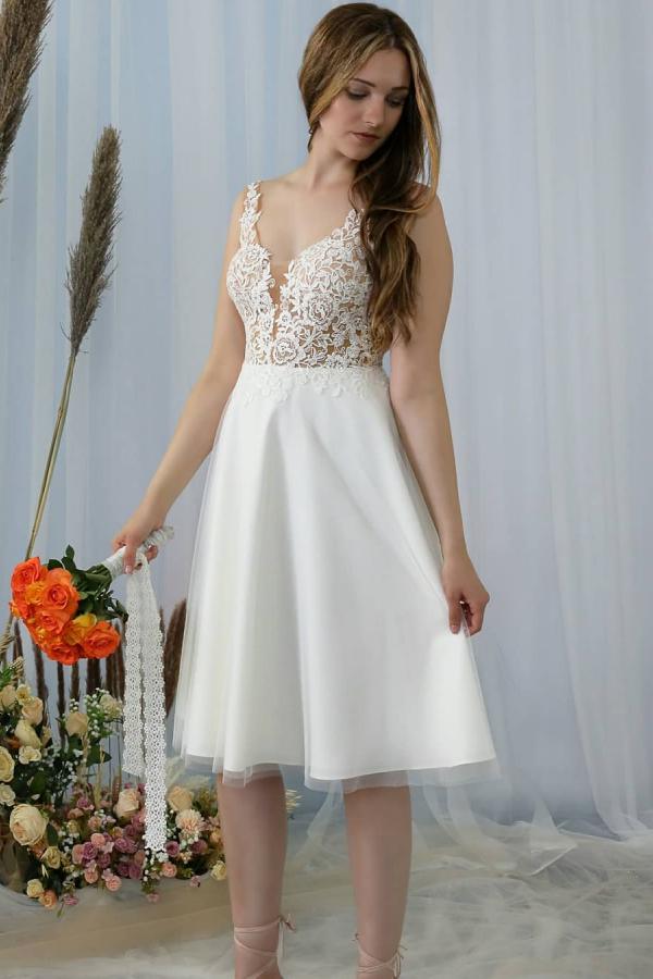 Knee Length A-line V-neck Wedding Dress With Lace BM bride