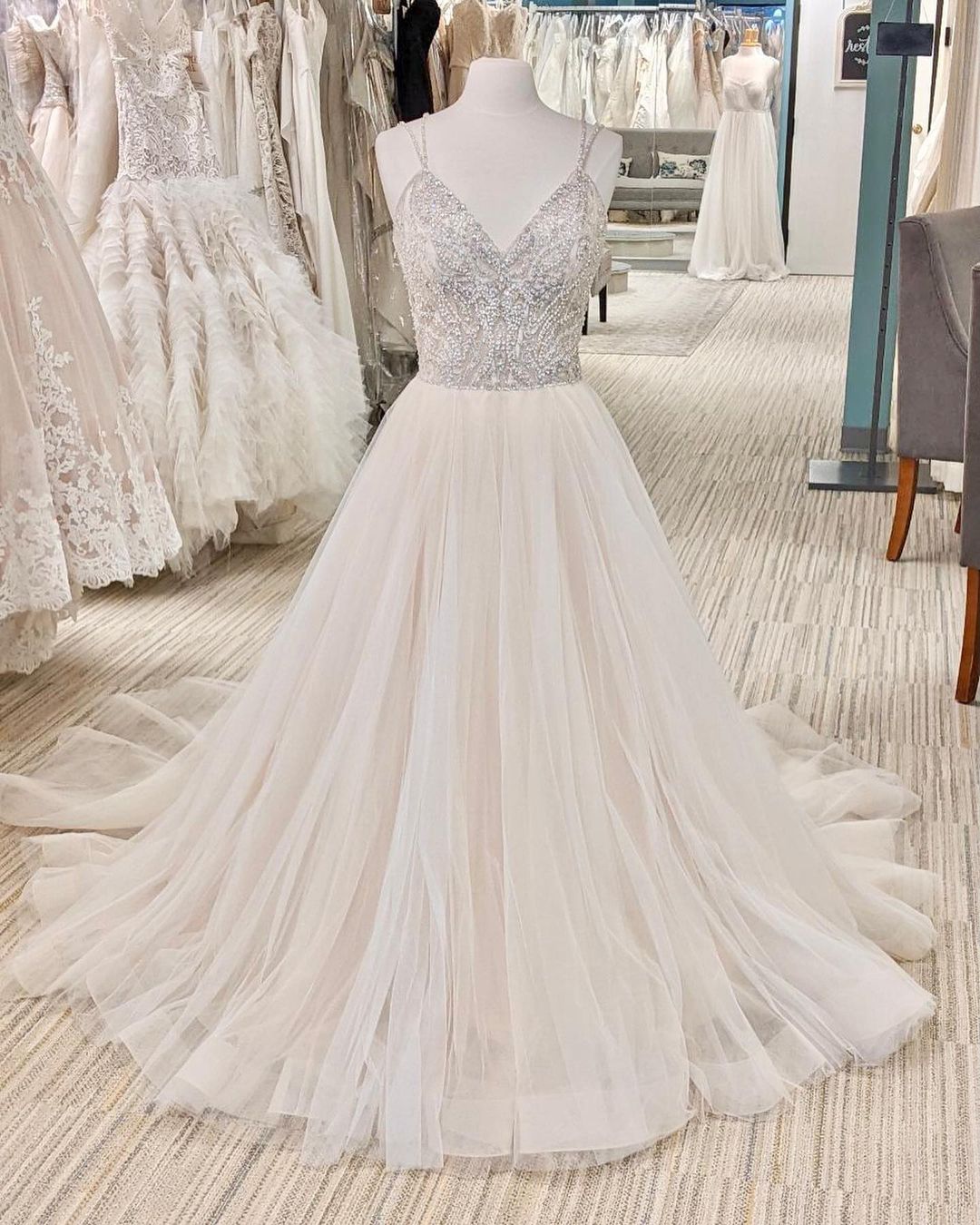 A-line Backless Long Wedding Dress With Pearl V-neck BM bride