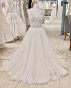 A-line Backless Long Wedding Dress With Pearl V-neck BM bride