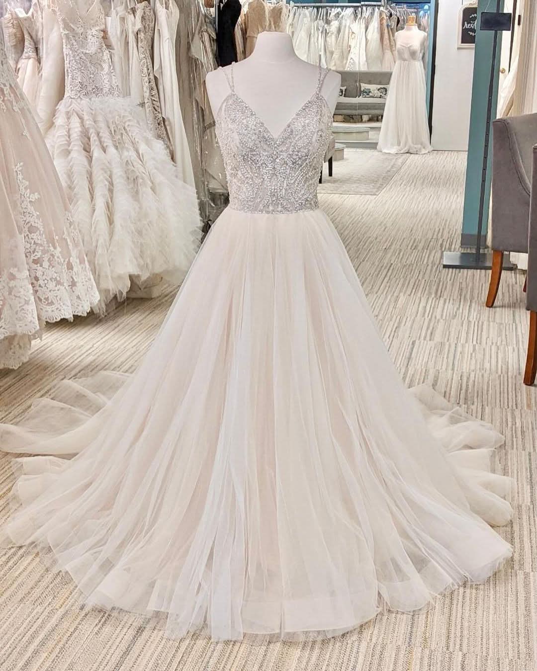 A-line Backless Long Wedding Dress With Pearl V-neck BM bride