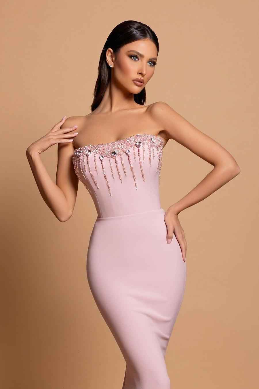 Pink Strapless Sleeveless Long Mermaid Prom Dress With Beading