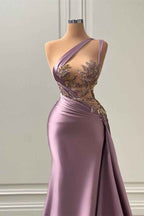 Glamorous Purple One Shoulder Sleeveless Long Mermaid  Prom Dress with Appliques